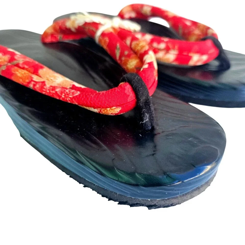 Japanese Geta Sandals Black Lacquer Red Floral Hanao S/M 6 to 7 Narrow - Picture 6 of 13